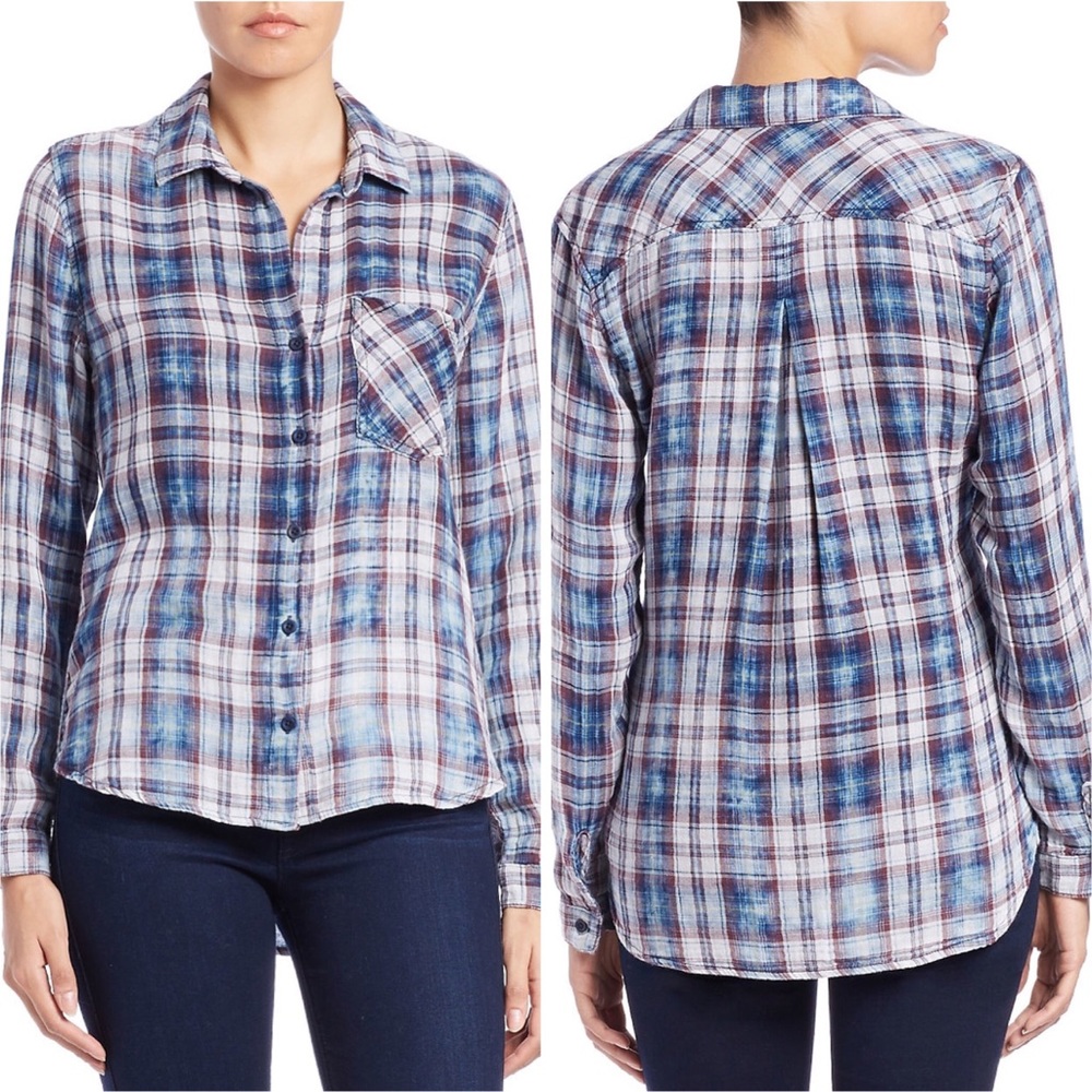 Anthropologie Blue White Burgundy Plaid Button-Down Shirt
